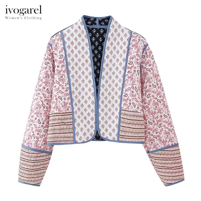 

Ivogarel Chic Quilted Reversible Jacket Women's Fall Vintage Floral Pattern Jacket with Open Front and Long Sleeves