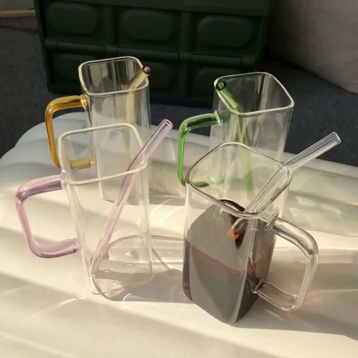 400ml Design Colorful Ear Glass Mug Handmade Simple square Coffee Cup for Hot Water Tumbler Gift Drinkware |