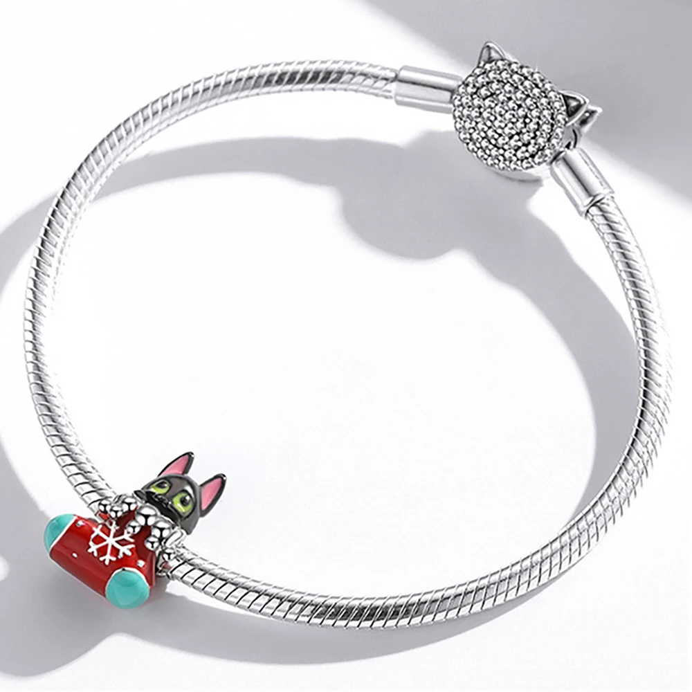 

Sterling Silver s925 Christmas Socks Little Black Cat Beaded Bracelet Dripping Oil Fashion Cute Animal Holiday Bead Accessories