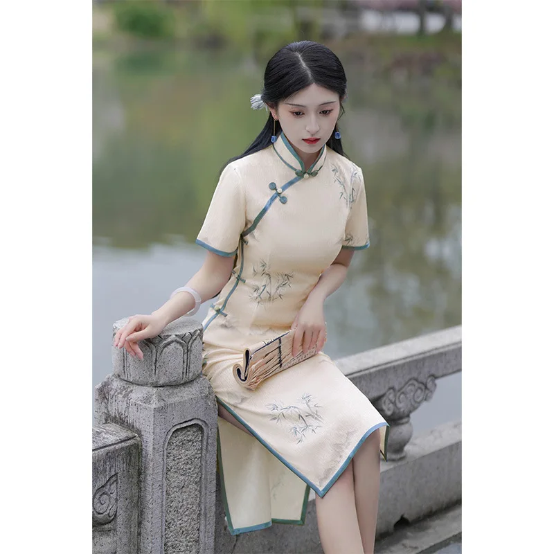 Chinese Traditional Cheongsam Short Sleeve Qipao Women Party Wedding Fashion Vintage Retro Print Dress