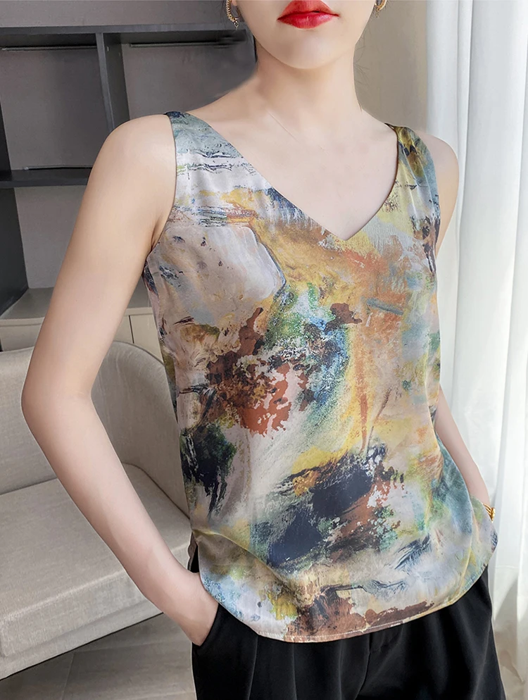 

Women 100% Mulberry Silk Vest Sleepwear Pajamas Tank Tops Ink Oil Painting 2XL/22M