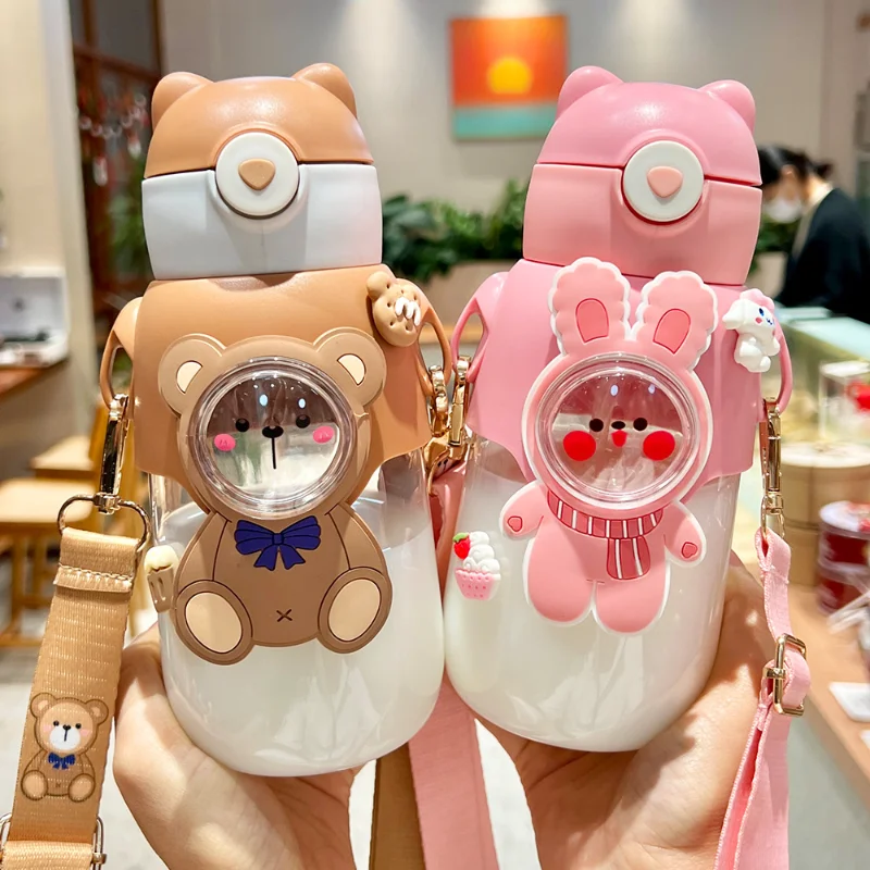 

Water Bottle for Children 700ML Cute Stickers with Straw Temperature Kawaii Plastic Cup Portable Student School Bottle Girl Boy