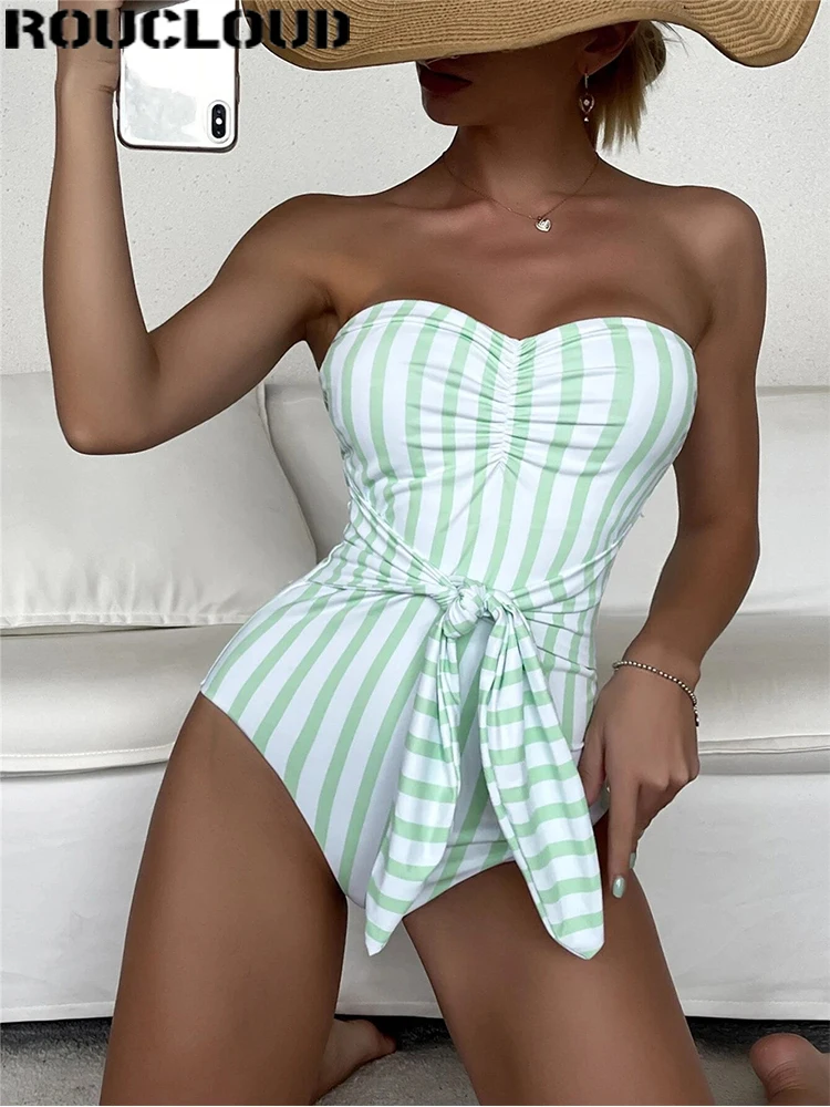 

Swimsuit 2022 Women Sexy Striped One Piece Swimsuit Fashion Tube Top Belt Skinny Ladies Off Shoulder Push Ups Summer Beach New