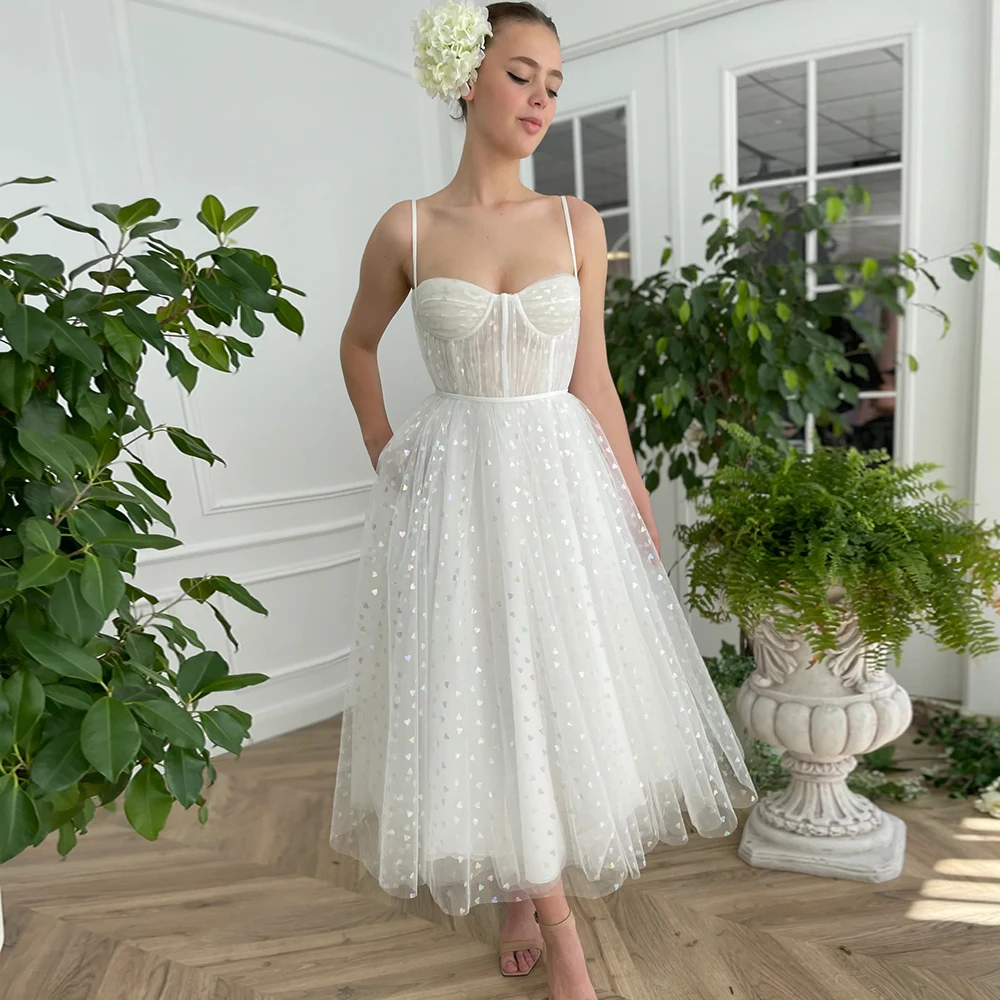 

Sexy Sweetheart A-Line Tea Length Evening Dress White Spaghetti Straps Corset Prom Gowns Zipper Back Heart-Shaped Party Dresses
