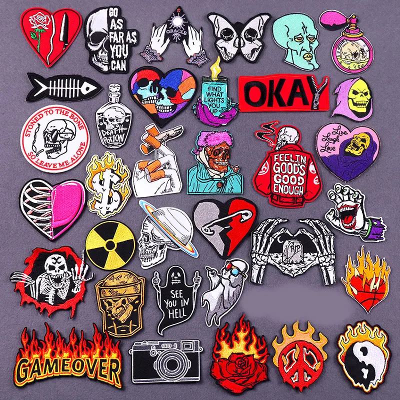 

Skull Patches Punk Iron On Clothing Thermoadhesive Patches For Clothes Applique Embroidered Patches DIY Sewing On Backpack Decor