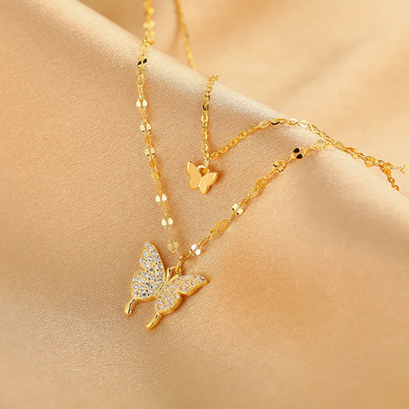 

2022 Korea Fashion Charms Butterfly Pendant Double Layer Chain Necklaces For Women New Delicate Wedding Jewelry Accessories Gift