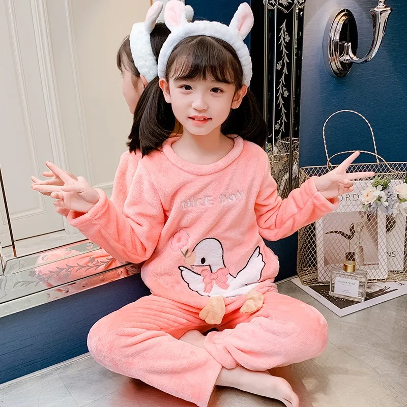 Kids Flannel Pajamas Autumn Winter Warm Round Neck Cartoon Pyjamas Boys Girls Nightgowns Children Sleepwear Long Clothing Suit