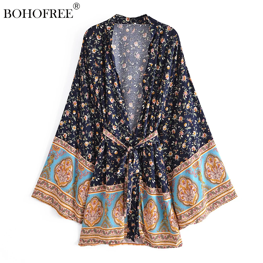 

Vintage Boho Fashion Floral Print Hippie Kimono Women Sashes Casual Beach Wear Rayon Cotton Cover Ups Bohemian Kimonos