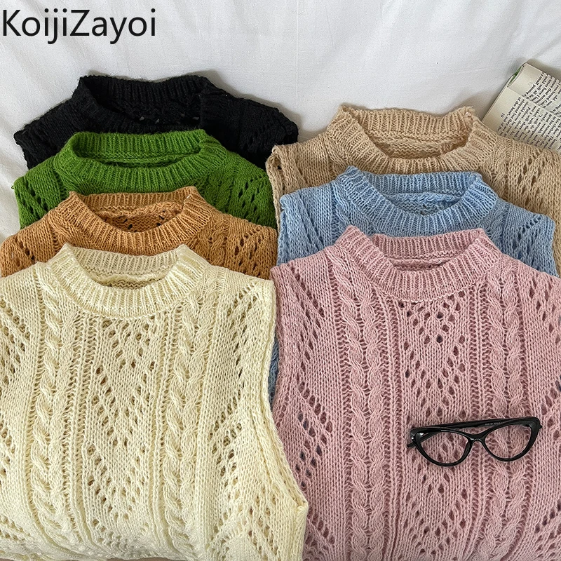 

Koijizayoi Fashion Women Solid Sweater Vest Lady Sleeveless O Neck Chic S Knitted Spring Autumn Hollow Out Tanks 2022 Camisole
