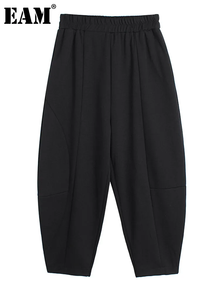 

[EAM] High Elastic Waist Black Brief Long Harem Trousers New Loose Fit Pants Women Fashion Tide Spring Autumn 2022 1DE7486