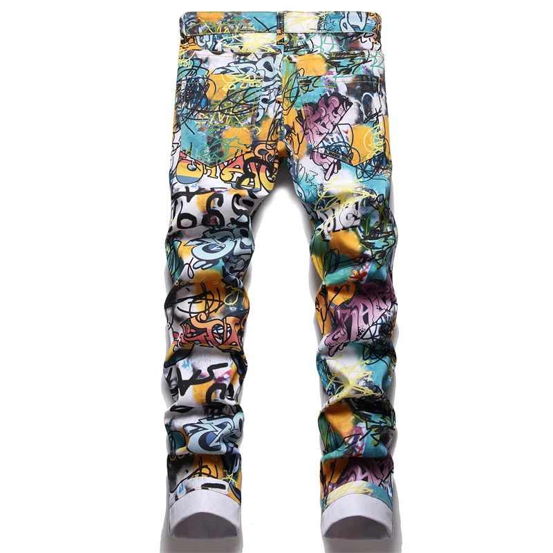 Men's Colorful Graffiti Printed Jeans Y2K Colorful Slim Fit Tapered Elastic Casual Pants Fashion Street Clothing Small Foot Pant