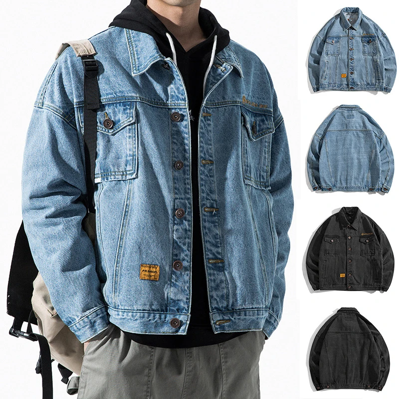 

Fashion Retro Denim Jacket For Men Casual Coat Tops Loose Bomber Jeans Jacket Male Winter Solid Color Outwear Pockets Bomber New