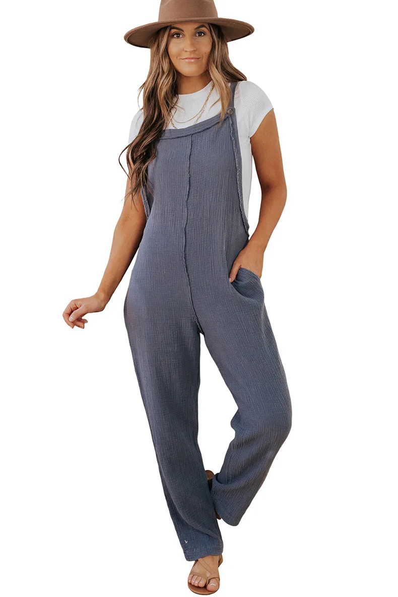 

Straight leg solid color cotton jump suits for women U-neck strap loose romper