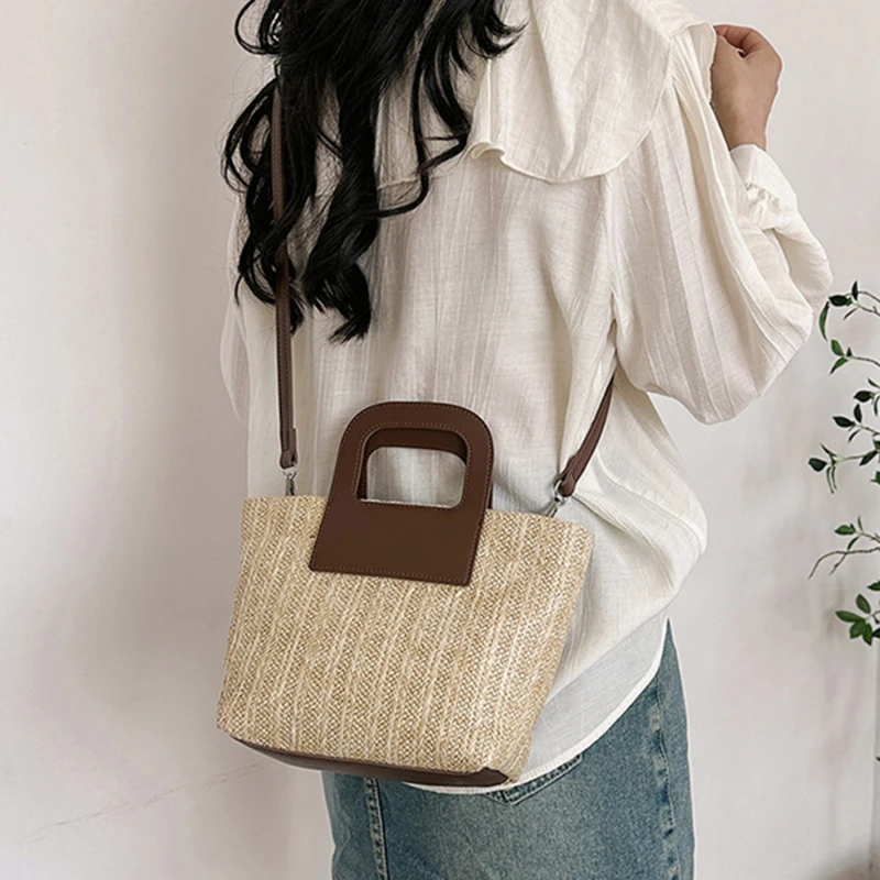 

Винтажная соломенная сумка через плечо для женщин, летняя Женская дорожная сумка-тоут через плечо, женская простая искусственная