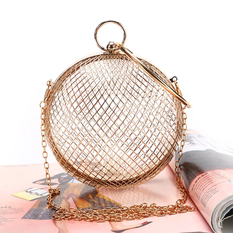 Gold Metal Clutch Bag 2022 Luxury Handbags Women Bags Designer Round Mini Hollow Purse Ladies Hand Bag Prom Chain Crossbody Bags