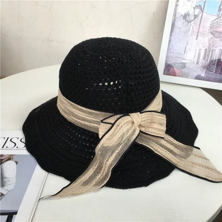 

Korean Version Of The Fisherman Hat Female Youth Spring And Summer All-match Travel Sun Hat Japanese Bow Hollow Knitted Pot Hat