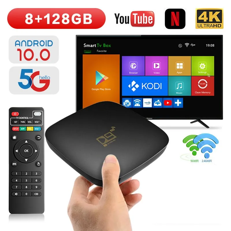 

Smart TV Box D9 Android 10.0 Set Top Box 2.4G 5G WIFI 905 Core 4K HD 8GB+128GB Video Media Player Home Theater TV Box New Hot