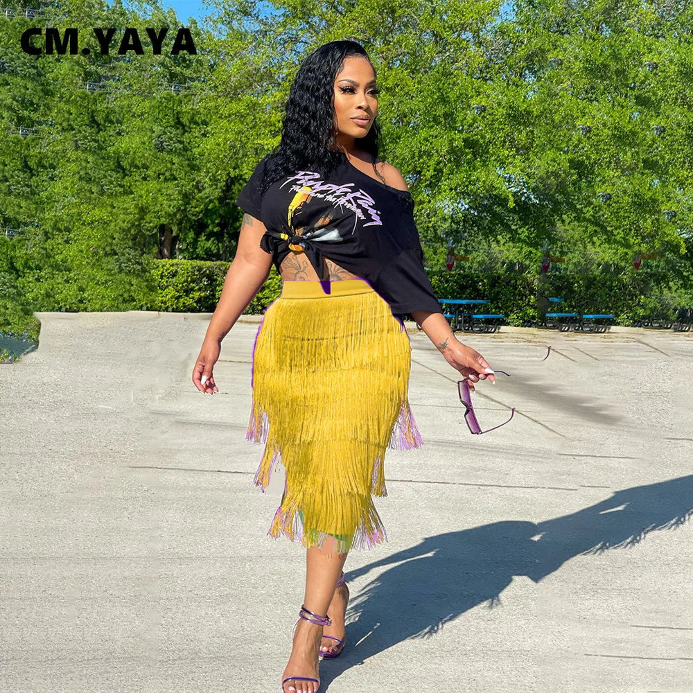 Женская элегантная облегающая юбка миди CM.YAYA с бахромой лето 2022 шикарная