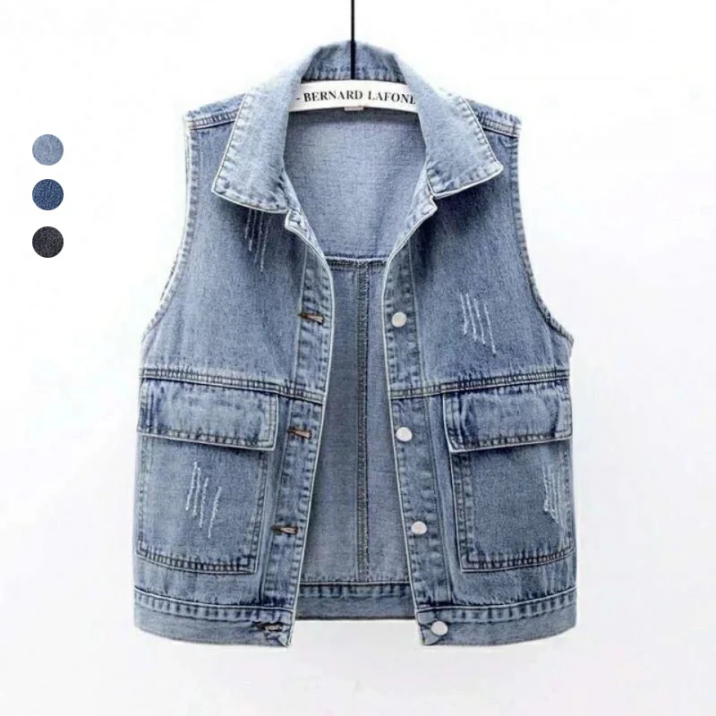

Женский джинсовый жилет, модная рваная Осенняя майка, джинсовая куртка без рукавов, весенние свободные короткие пальто, повседневные безру...