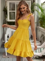 angel fashions womens spaghetti strap casual style swing a line summer vacation beach dresses boho ruffle hem cami yellow dress