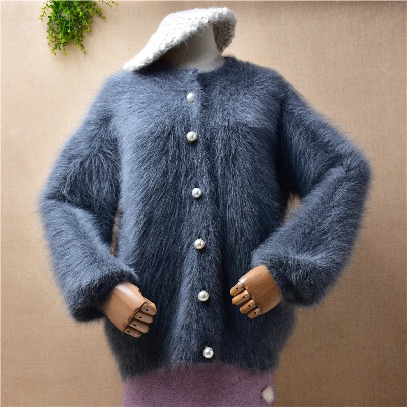 

ladies women autumn winter clothing thick mink cashmere knitted long lantern sleeves loose bead cardigan angora fur coat sweater