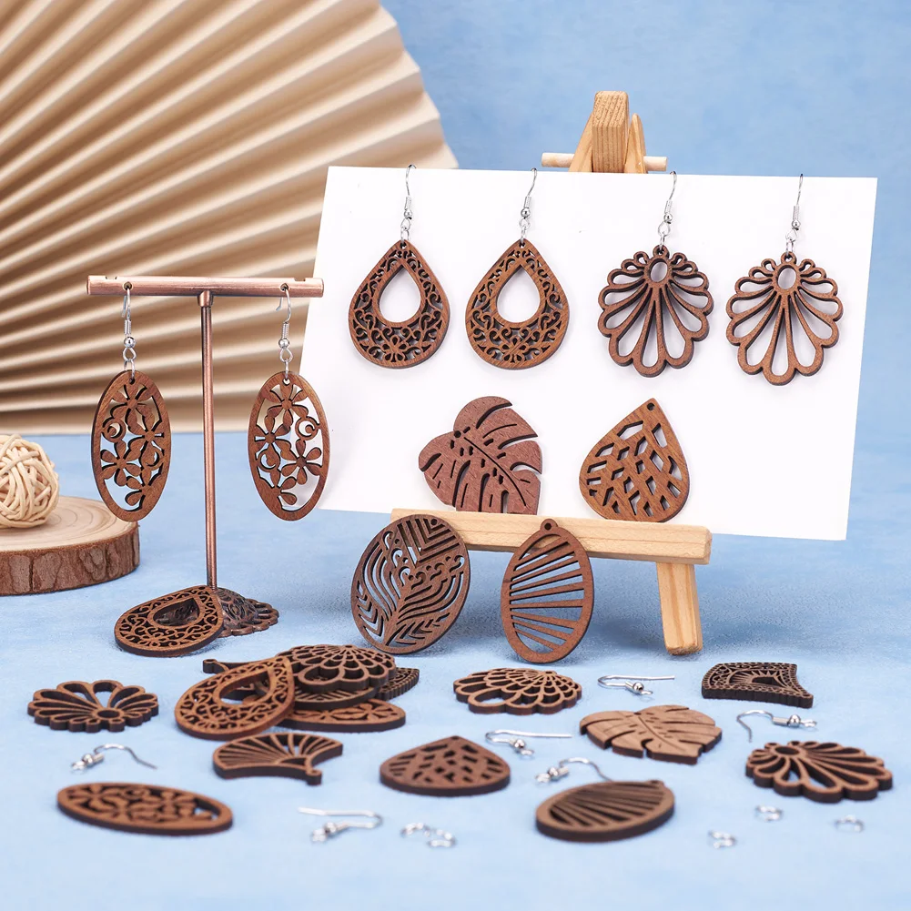 20 шт. винтажные подвески из ореховой древесины лазерной резки полые листья цветы