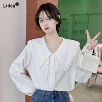 office lady v neck bow white long sleeve blouses fashion loose spring autumn womens clothing solid color elegant shirt tops