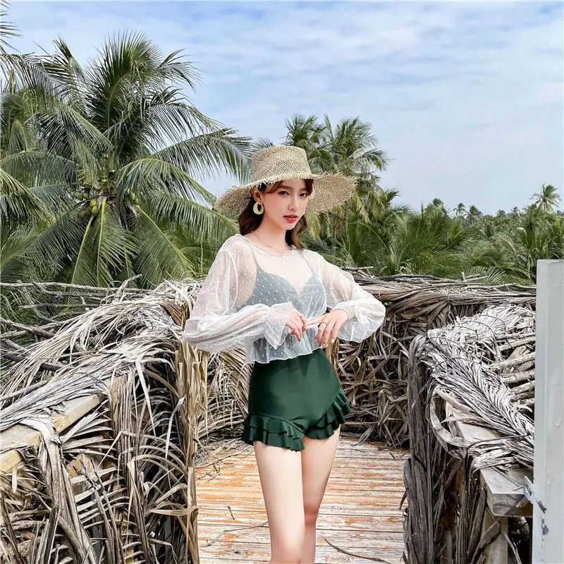 

Women Swimsuit One-Piece Boxer Conservative Cover Belly Slimming Two-Piece Blouse Fairy Sexy Steel Support Gathered Swimming Set