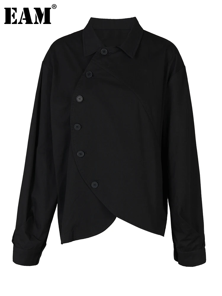 

[EAM] Women Black Irregular Big Size Casual Blouse New Lapel Long Sleeve Loose Fit Shirt Fashion Tide Spring Autumn 2023 1DF7454