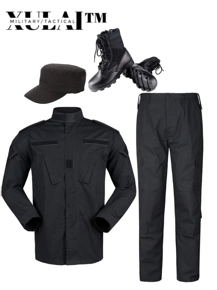 Men's Sets Black Workwear Uniform ACU Ribstop Military Uiforms With Beret Hat Boots