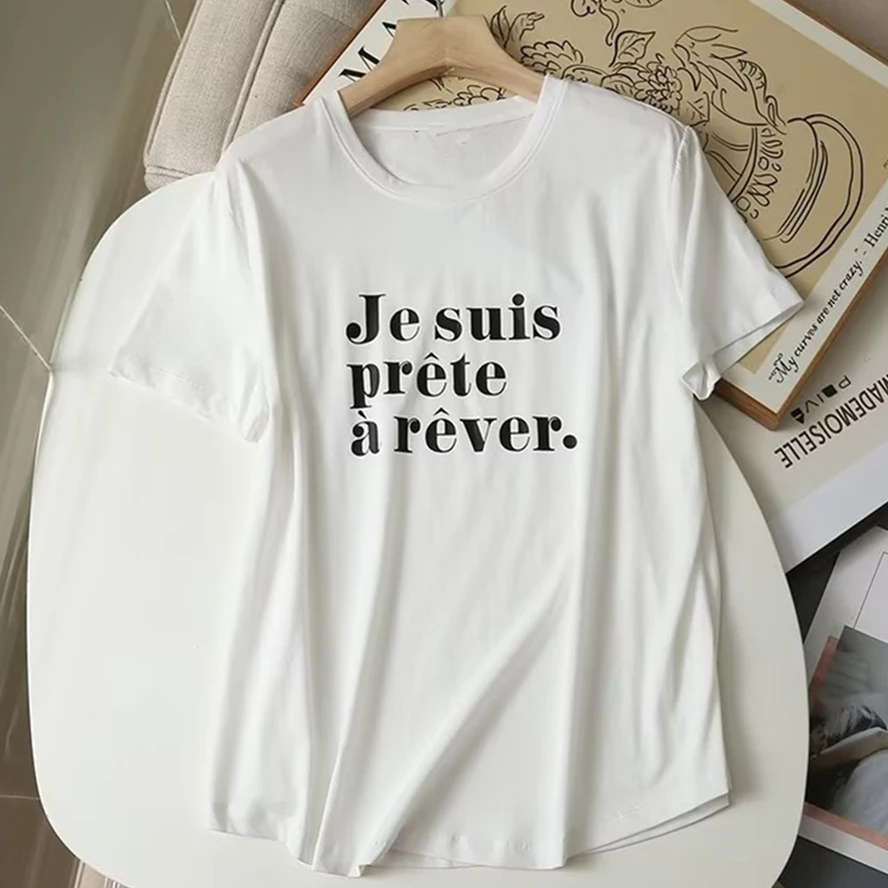 

Withered Ladies Summer T-Shirt Fashion Casual Letter Printing Round Neck Cotton Top Women