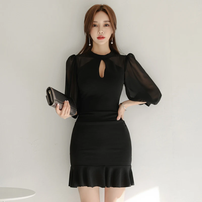 

Весна-лето 2020 корейская мода темпераментная тонкая сексуальная маленькая черная юбка с вырезами платье рыбий хвост