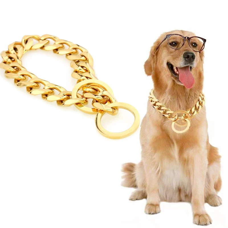 

Золотая цепочка для собаки, ошейник 15 мм в ширину, сверхпрочная металлическая кубинская цепь, скользящая цепь для собаки, ожерелье для собаки, модные аксессуары для домашних животных