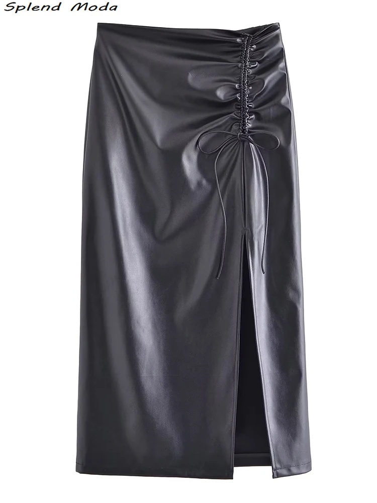 

ZA 2022 Women Summer Fashion Sexy Style Black PU Slim Folds Midi Skirt Streetwear High Waist Zipper Split Skirts Female
