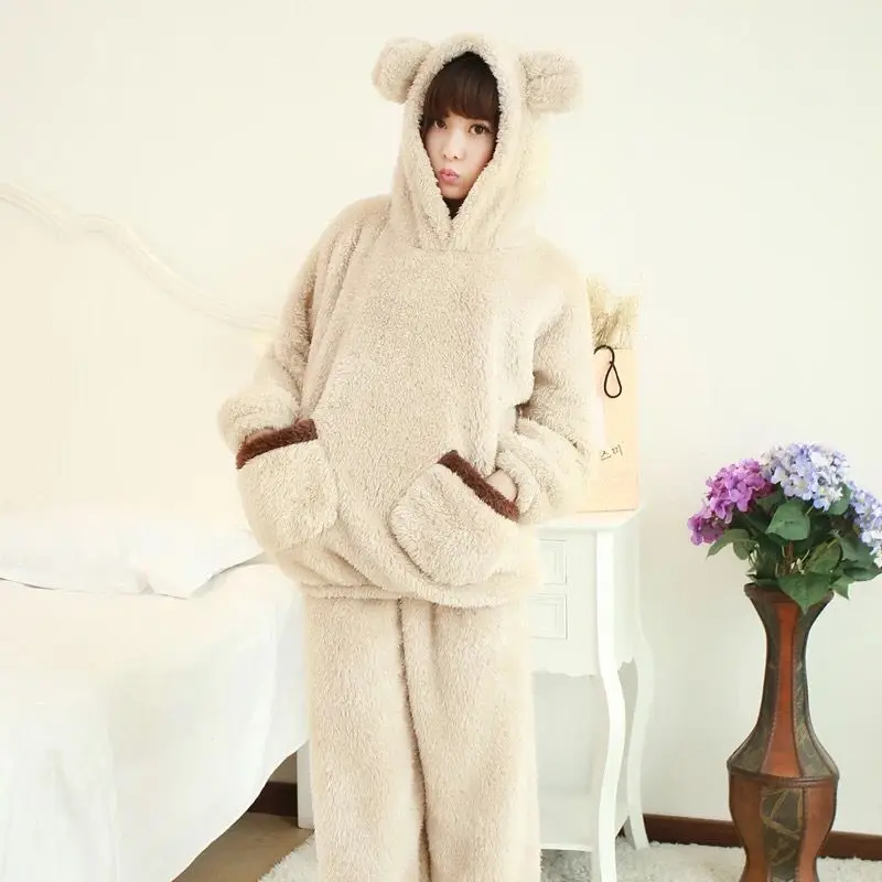 Velvet Pants Home Wear Winter Pajamas for Women Flannel Thick Warm Cartoon Bear Nightwear Adult with Hood Girls Lounge Set