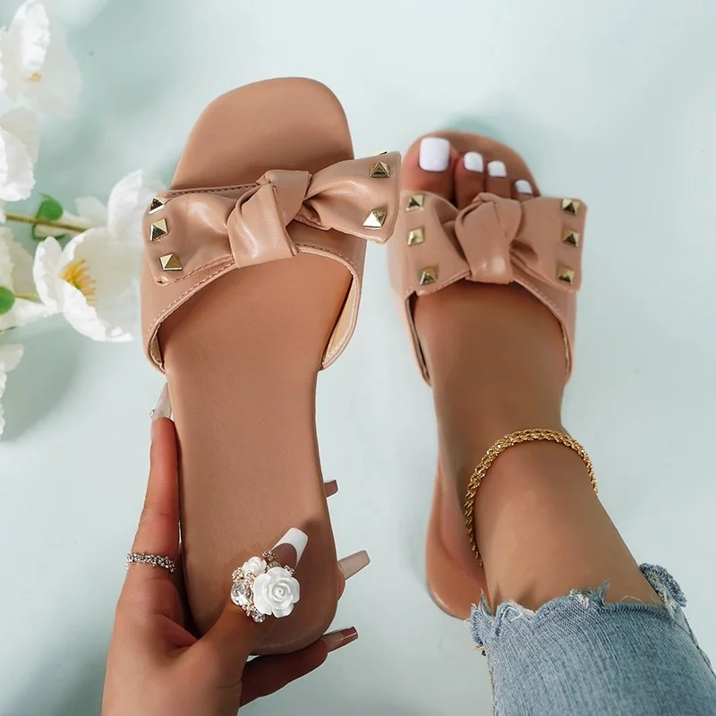 

Сандалии женские кожаные на плоской подошве, Нескользящие пляжные шлепанцы с бантом, повседневные универсальные, для улицы, весна-лето 2023