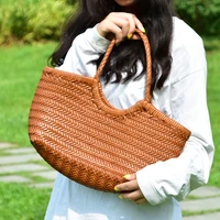 100 leather hollow woven shoulder bag with casual woven inner pocket vintage shopping bag leather tote bag