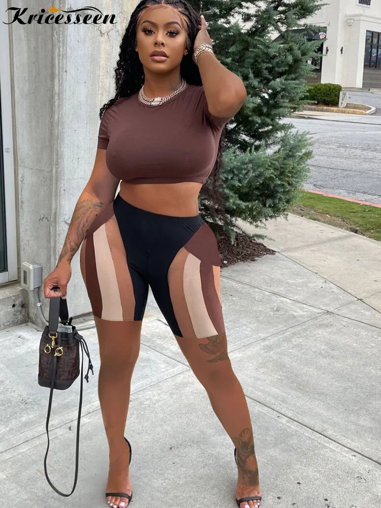 

Kricesseen Sexy Print Two Pieces Shorts Set Women Summer Short Sleeve Crop Top And High Waist Shorts Skinny Suits Clubwear
