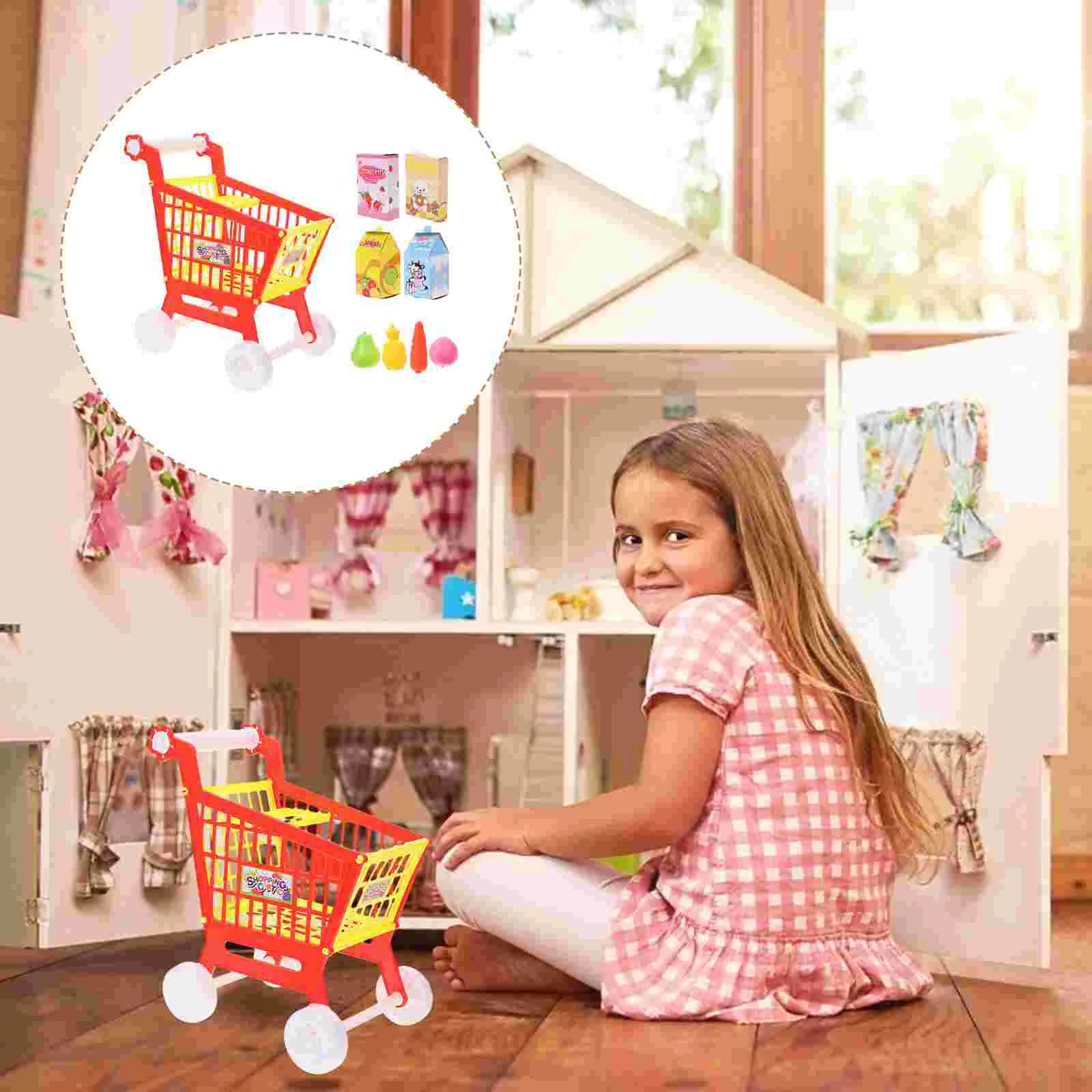 

Play House Toy Funny Child Wagon Groceries Supermarket Trolley Micro Toys Small Shopping Cart Plastic For kids