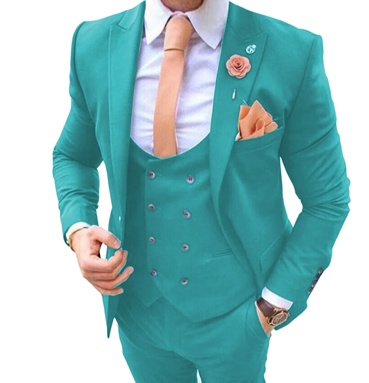

Casual Men's Suits Slim Fit 3 Pieces Wedding Groom Tuxedos Blazer Tux Vest Trousers Prom Suit Turquoise dress for party formal