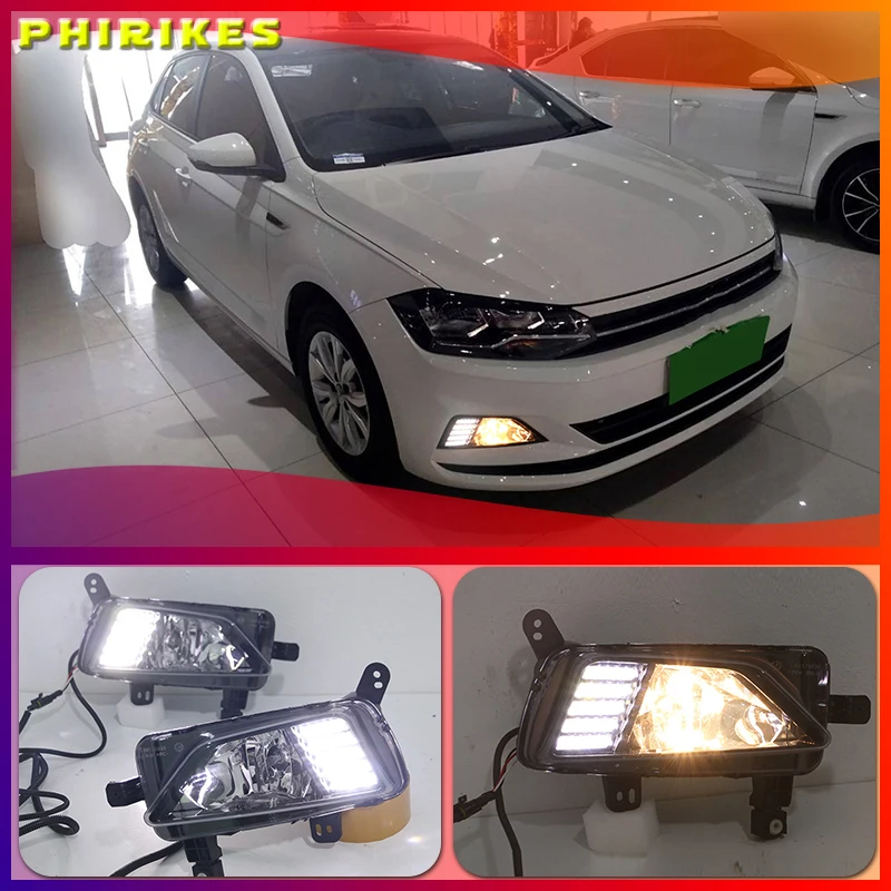 

1 пара, Автомобильные светодиодные дневные ходовые огни, противотуманные фары, последовательный желтый сигнал поворота, 12 В, для Volkswagen Polo 2018 ...