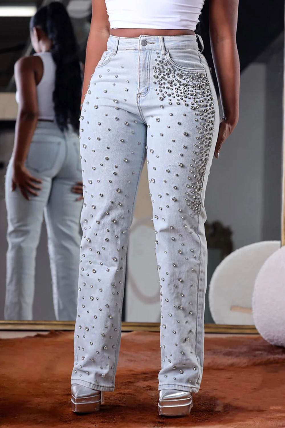 Женские джинсы с бисером облегающие повседневные джинсовые брюки завышенной