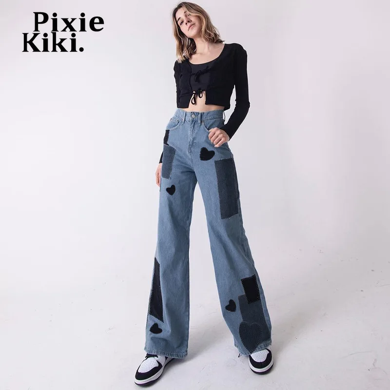 

PixieKiki Лоскутные мешковатые джинсы, женские синие джинсовые брюки с высокой талией, уличная одежда, женские брюки Y2k с широкими штанинами