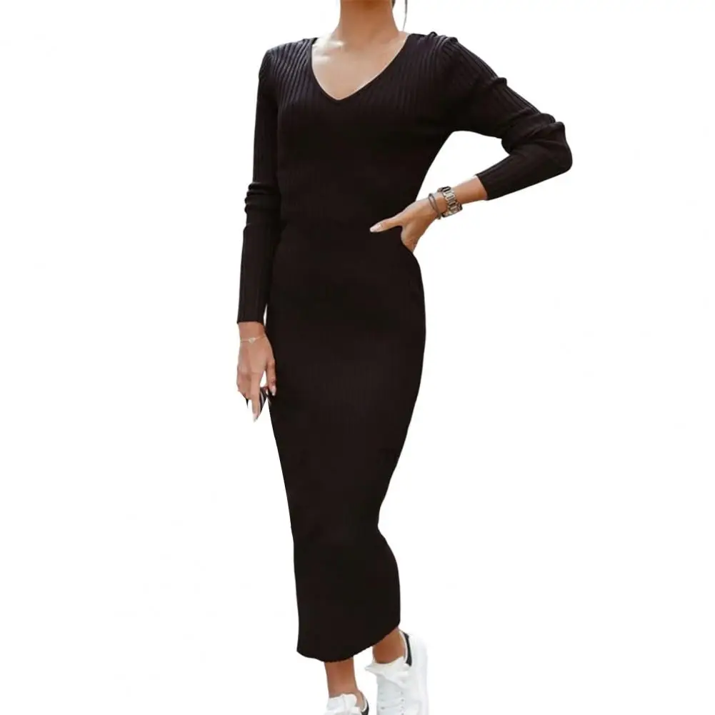 

Женское трикотажное платье с длинным рукавом, вязаное длинное облегающее платье, женская одежда
