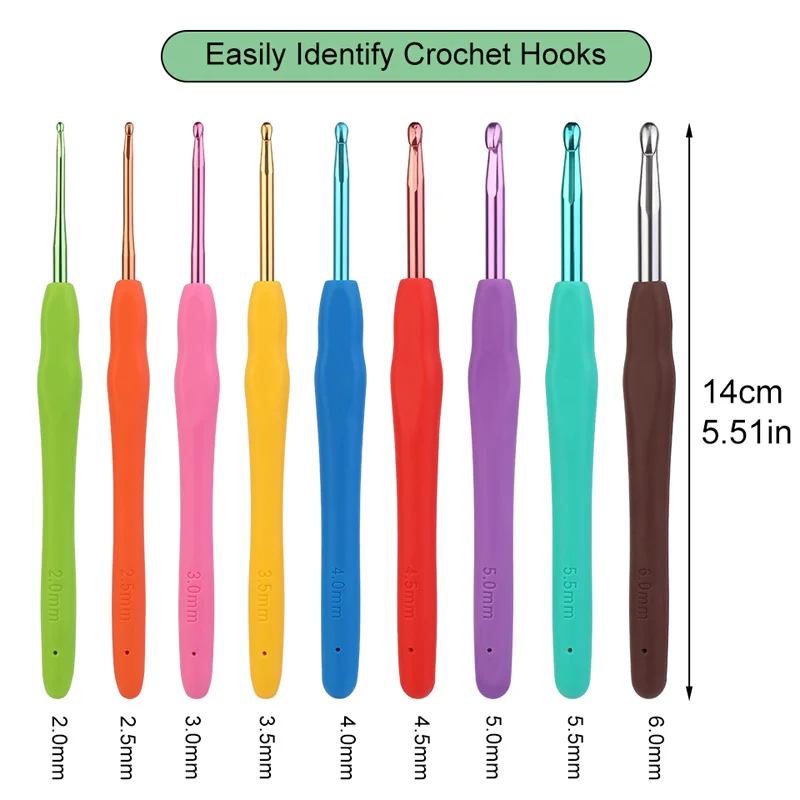 

RORGETO Colored Aluminum Crochet With Rubber Handle Knitting Needle Tool Single-headed Crochet Knitting Craft Sewing Accessories