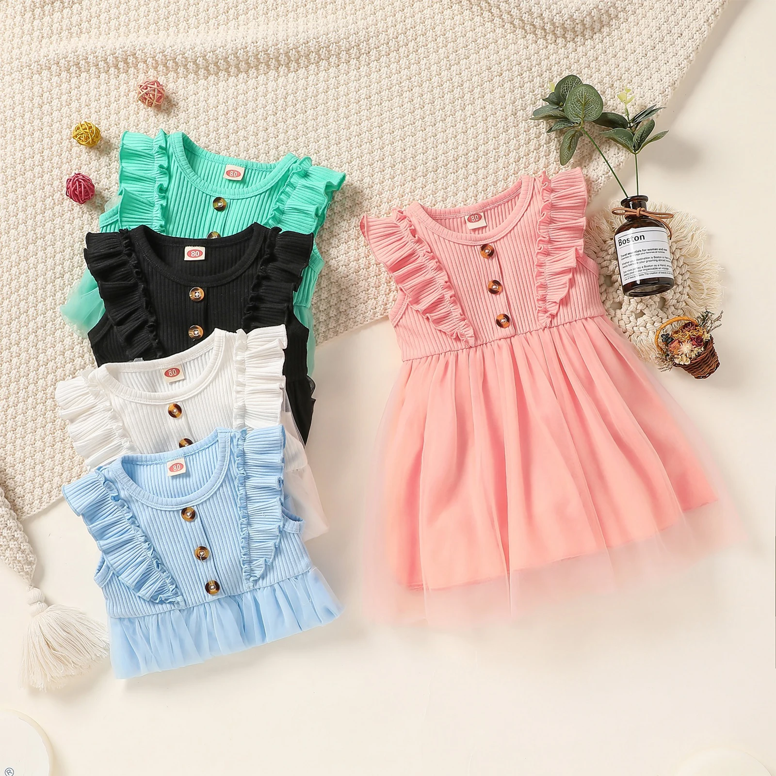 Детское Сетчатое платье принцессы для маленьких девочек Ребристое однотонное