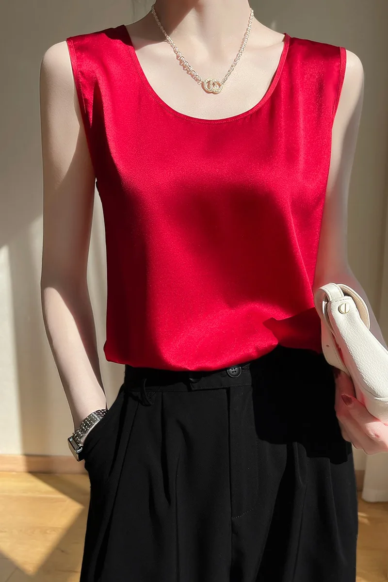 

Women Basic Cozy Tanks Silk O Neck Sleeveless Chic T Shirt Spring 2023 Camisole Solid Summer Vests Pullover Tops Bottoming Vest