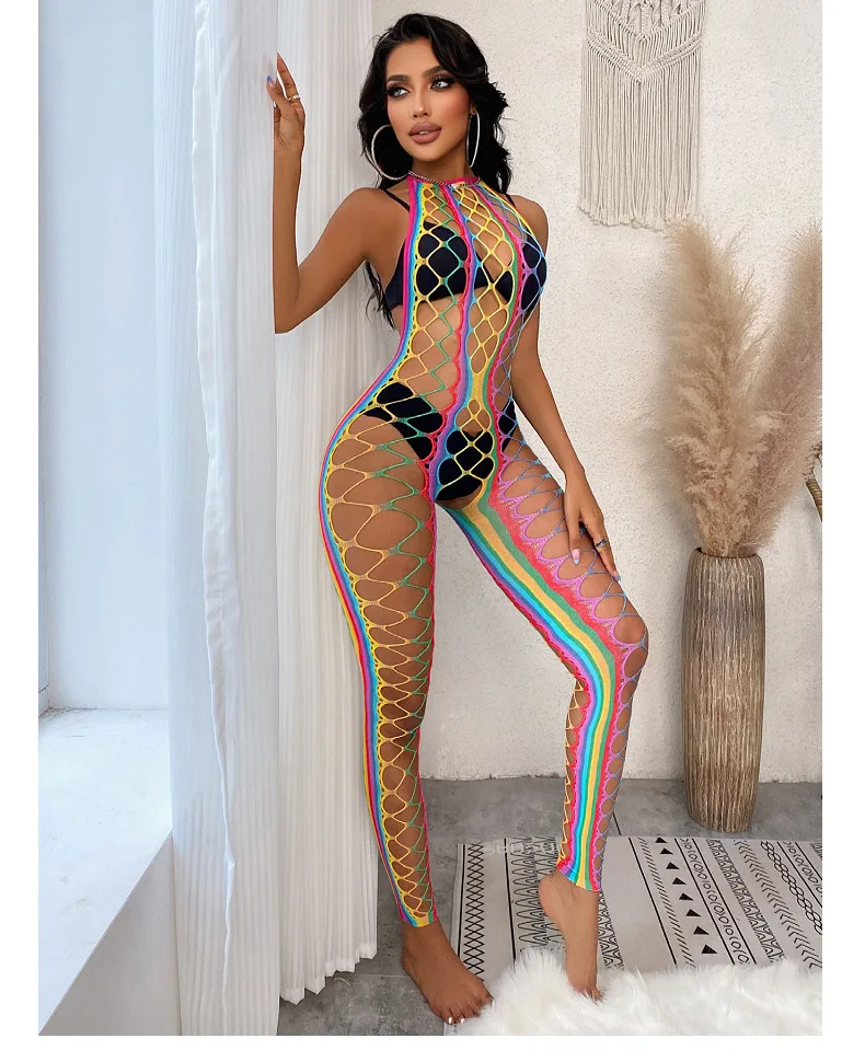 

Женские цветные мини-колготки, прозрачная ажурная сетка, эротическое Радужное платье с глубоким вырезом, блузка в полоску, с открытой спино...