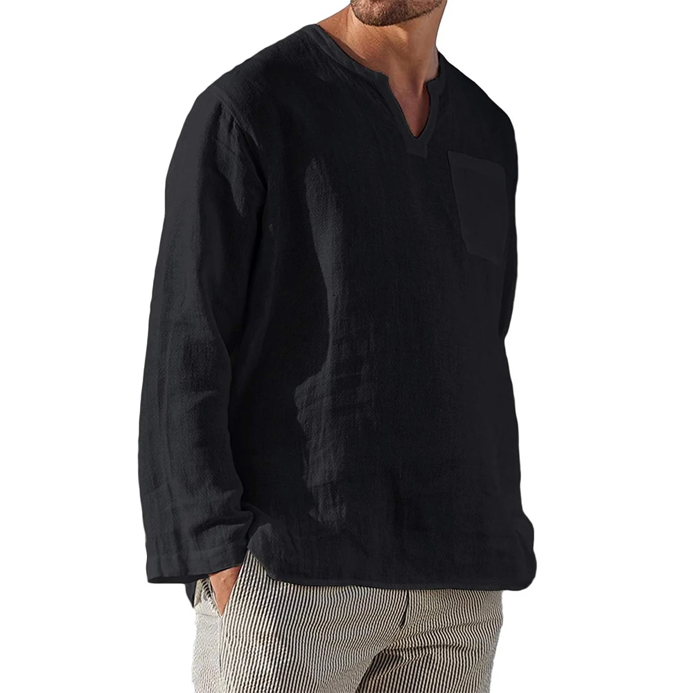 

Men Casual Long Sleeve Cotton Linen Slim Blouse Loose Henley Shirts V-Neck Top Solid Loose T-Shirts For Men's Clothing A50