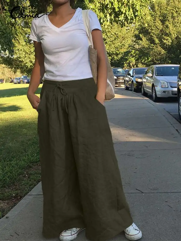 

Women Vintage Long Trousers Celmia 2022 Fashion Wide Leg Pants Autumn Casual Loose High Waist Solid Color Party Pantalones Femme